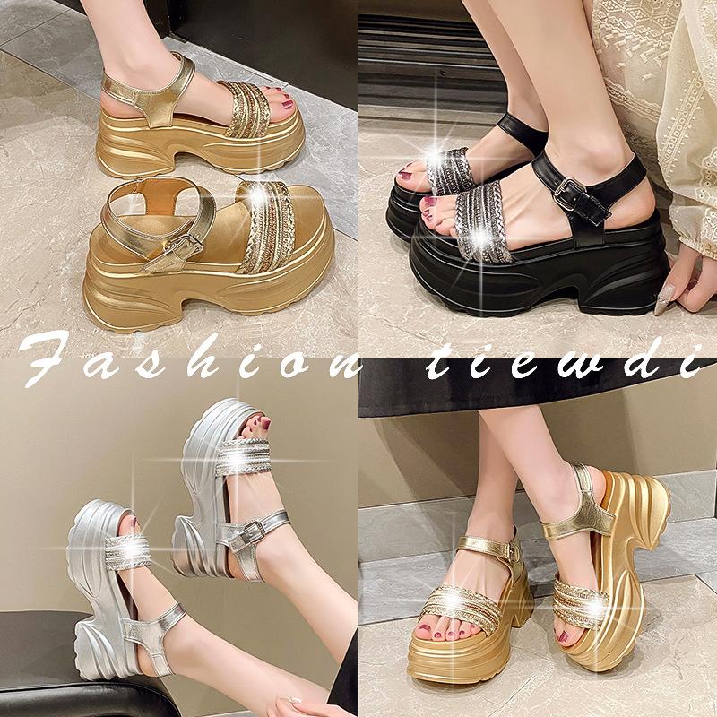 Women's Sandals for Summer Outdoor Wear, Light Luxury Rhinestone Thick-soled Roman Shoes, Exquisite All-match Sandals