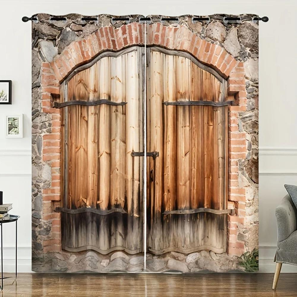2pcs Retro Simulation Wooden Door Polyester Printed Curtain Grommet Top Window Treatment For Bedroom Office Kitchen Living Room