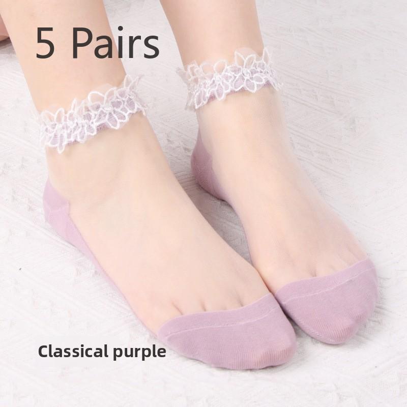 5 Pairs Socks Women Spring Summer Thin Transparent Lace Lace Socks Short Crystal Glass Stockings