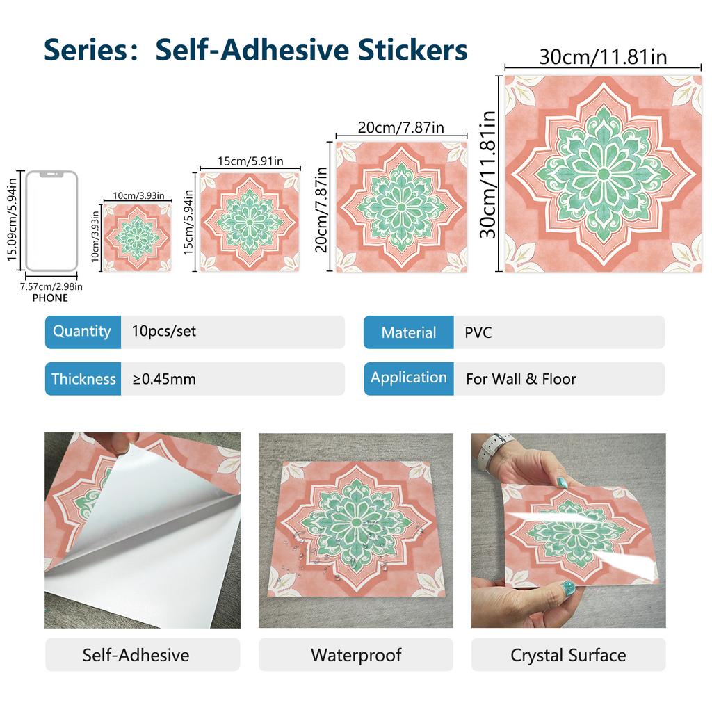 10Pcs Moroccan Tile Stickers - Crystal Glossy PVC Wall Decals - Waterproof Self-Adhesive Floor Mural for Kitchen Bathroom Home Decoration