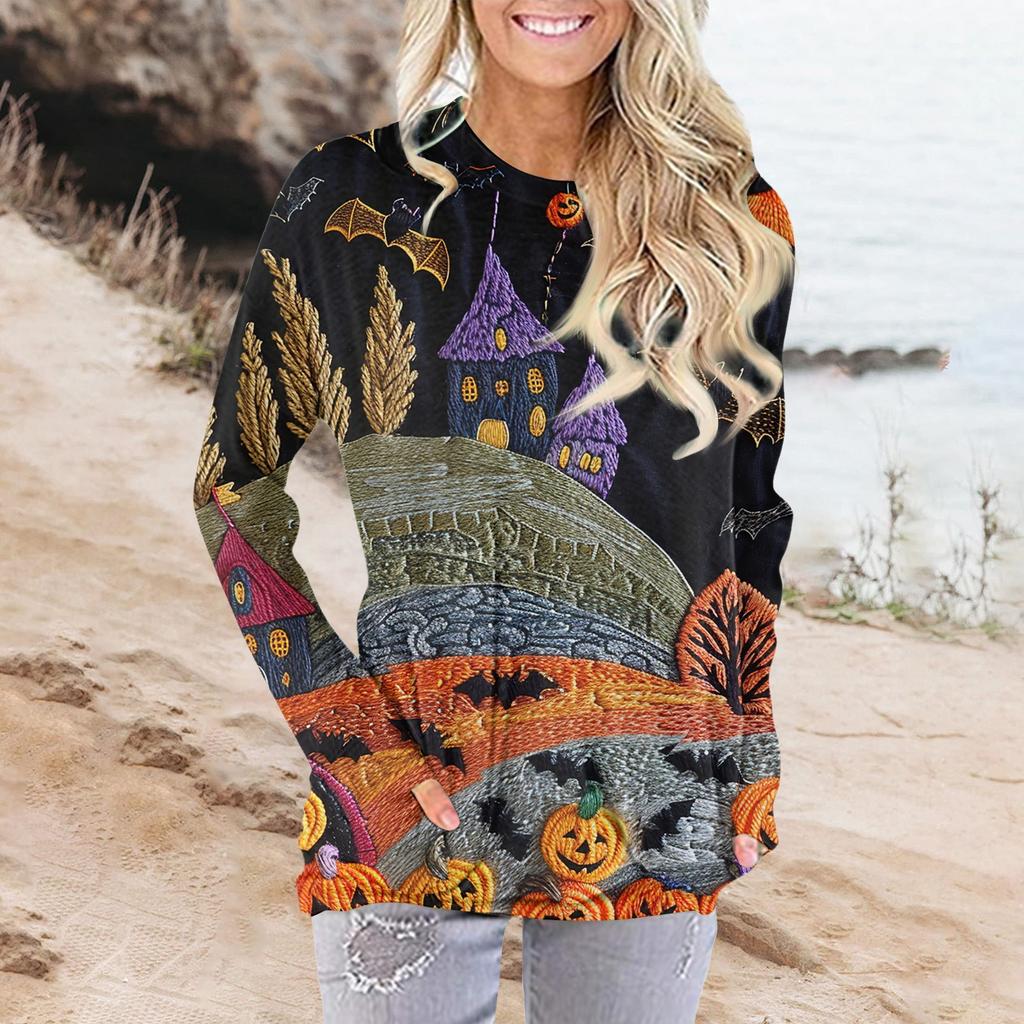 Damenmode Lässig Rundhals Print Langarm Tasche T-Shirt Top