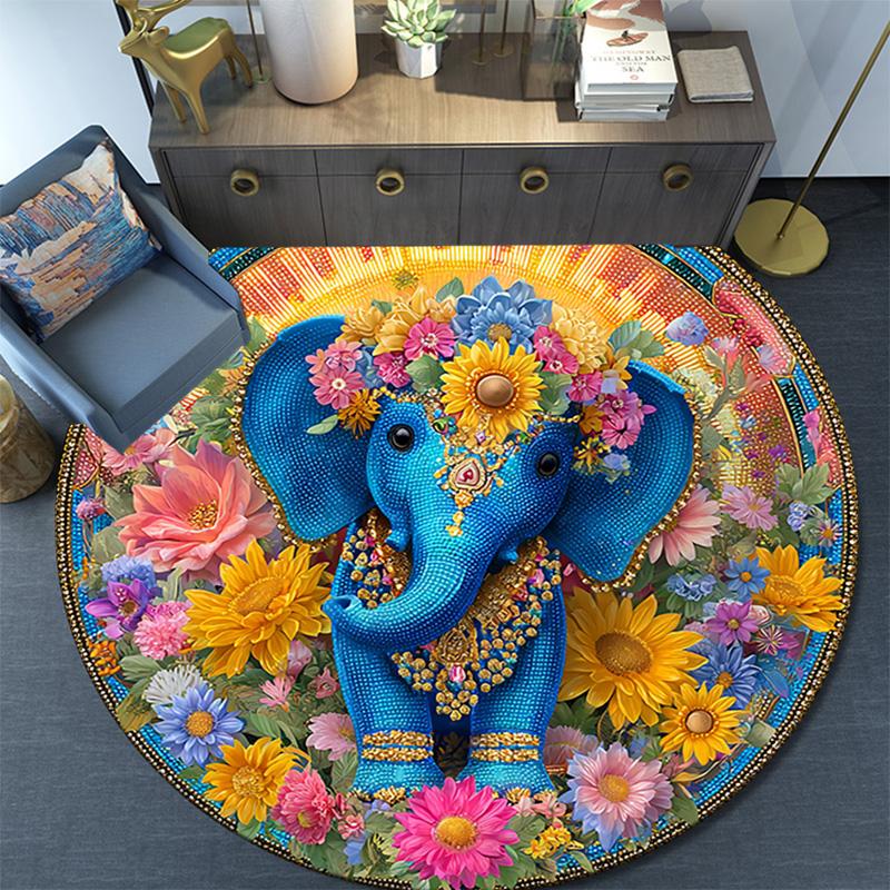 Elephant Round Area Rug,Carpet Rug for Living Room Bedroom Sofa Playroom Decor,Non-slip Floor Mat