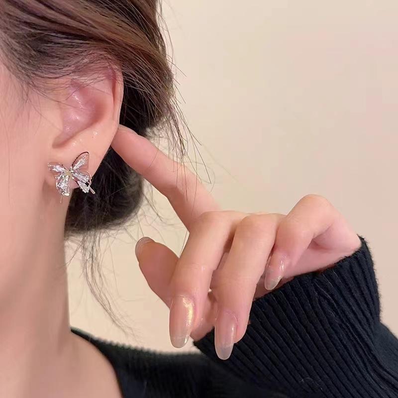 925 Sterling Silver Zircon Butterfly Stud Earrings - French Fairy Style