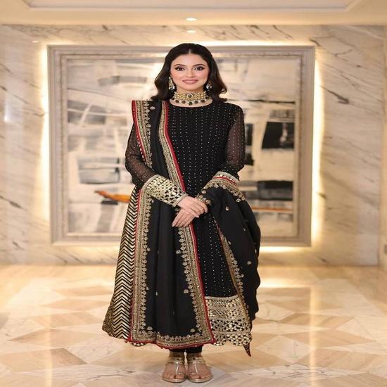 Women's Black Mirror Work Flared Anarkali Gown Set with Dupatta