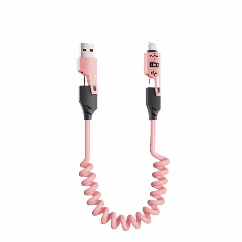 1Pc 65W 4 in 1 Spring Short Data Cable 6A USB Type C Spring Telescopic Quick Charger Wire Spring USB Cable