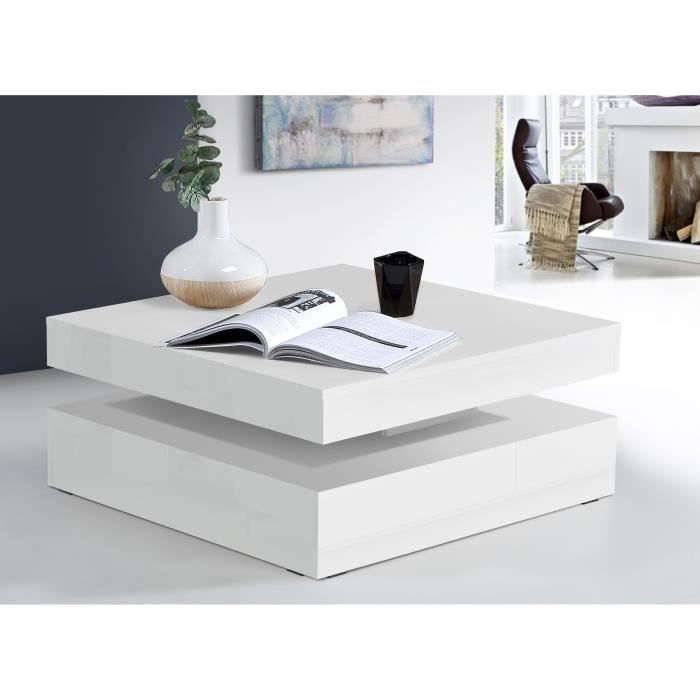 Table basse plateau rotatif - Carré Blanc brillant - 78 x 78 x 36 cm - COFFEE