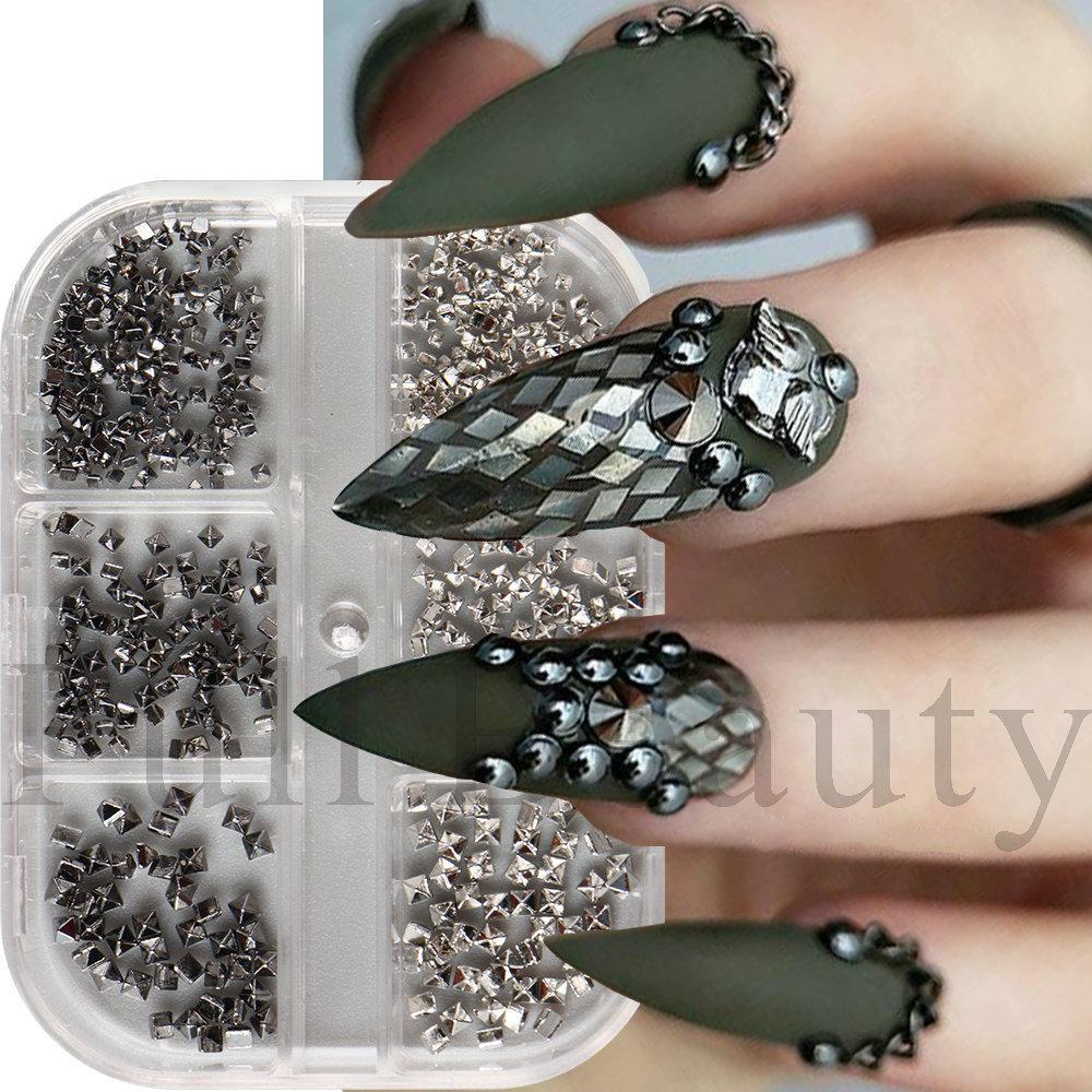 Nail Art Jewelry 6-Grid Box Black Silver Gold Square Rivet Punk Nail Jewelry