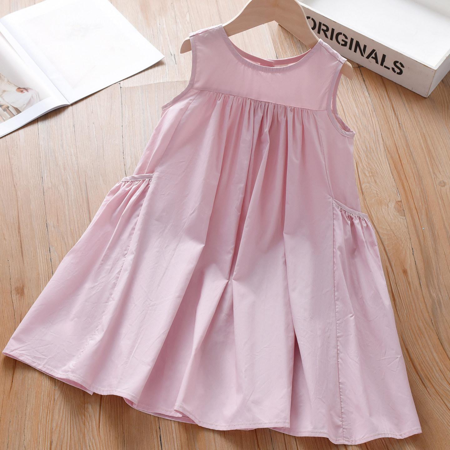 Girls Summer Solid Woven Sleeveless Dress Casual Princess For Big Kids 100cm розовый