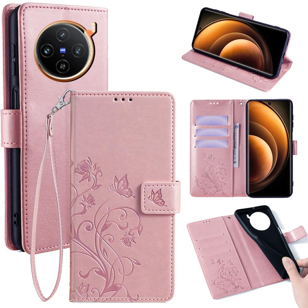 For vivo X100 5G Wallet Case Butterfly Imprinted PU Leather Wrist Strap Phone Cover