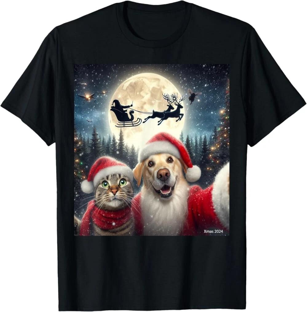 Funny cat and dog selfie with Santa Claus Christmas xmas eve T-Shirt, For You XXL