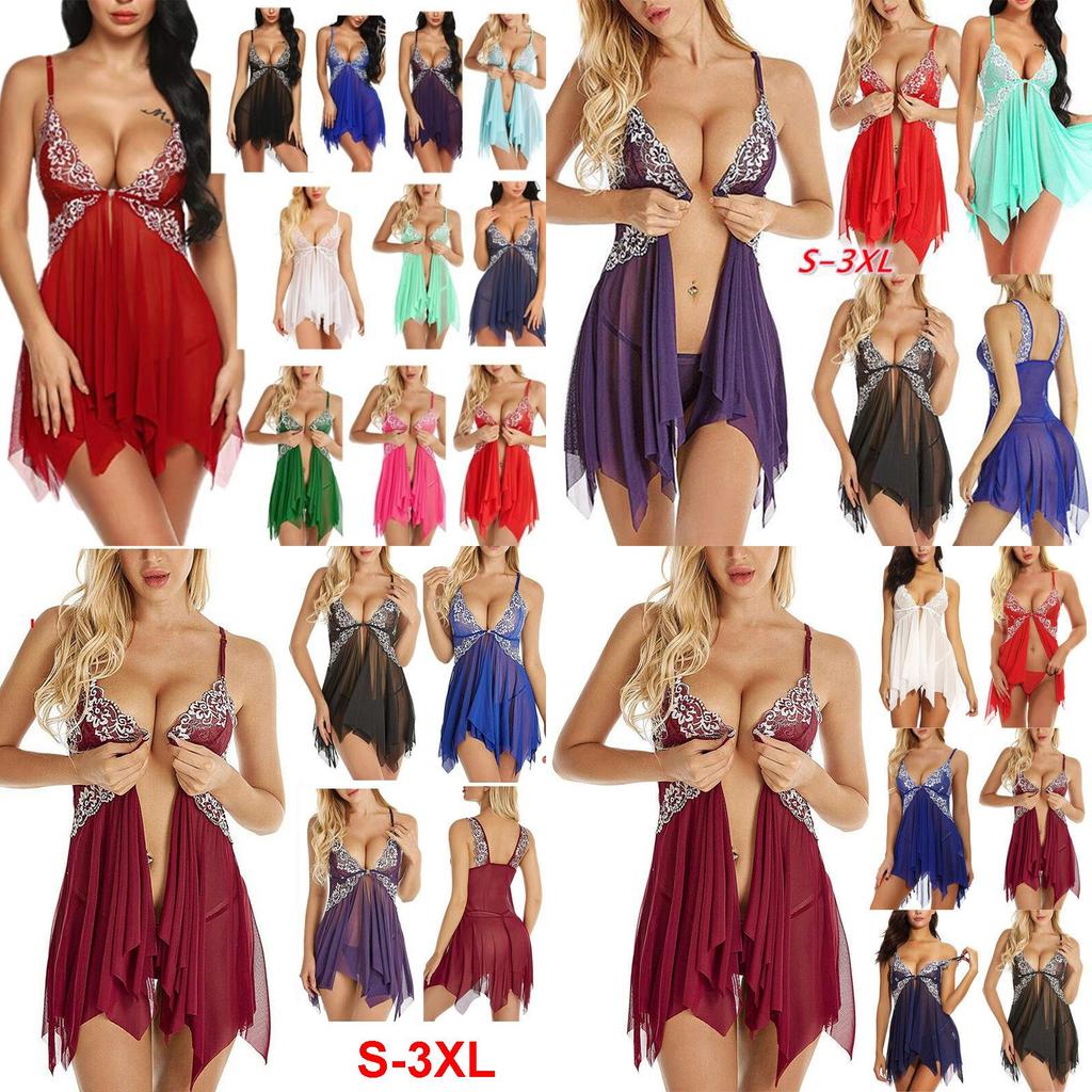 Seducente Babydoll Sexy in Pizzo da Donna Taglie Forti con Scollo a V Profondo e Tessuto a Rete Trasparente
