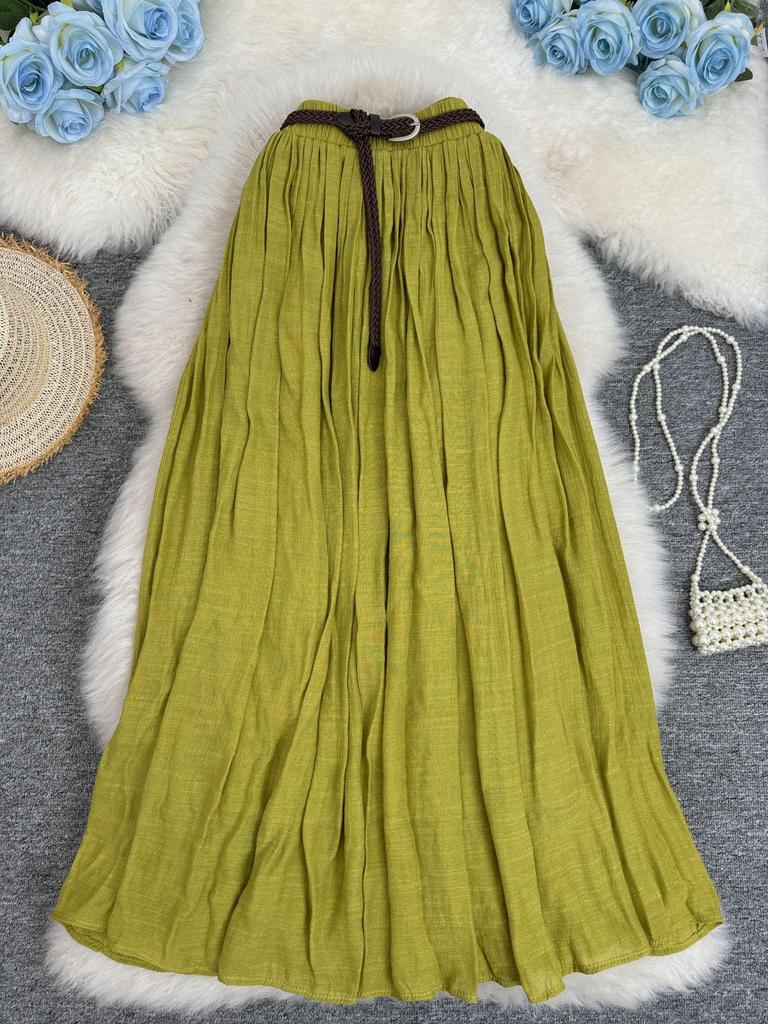 European & American A-line Pleated Cotton Linen Skirt with Elastic Waist - Mid-Length, Versatile, Women's