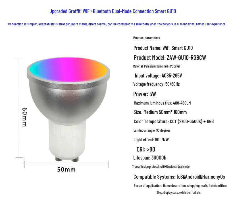 Voice-Controlled Smart GU10 Spotlight: RGBCW Dimming, Color Tuning, Alexa & Tuya WiFi Compatible