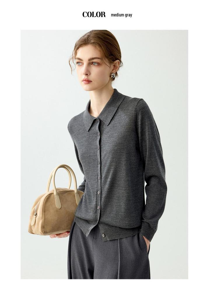 Yangzi 100% Wool Cardigan - POLO Collar Spring & Autumn Fashionable, Age-Reducing Knit