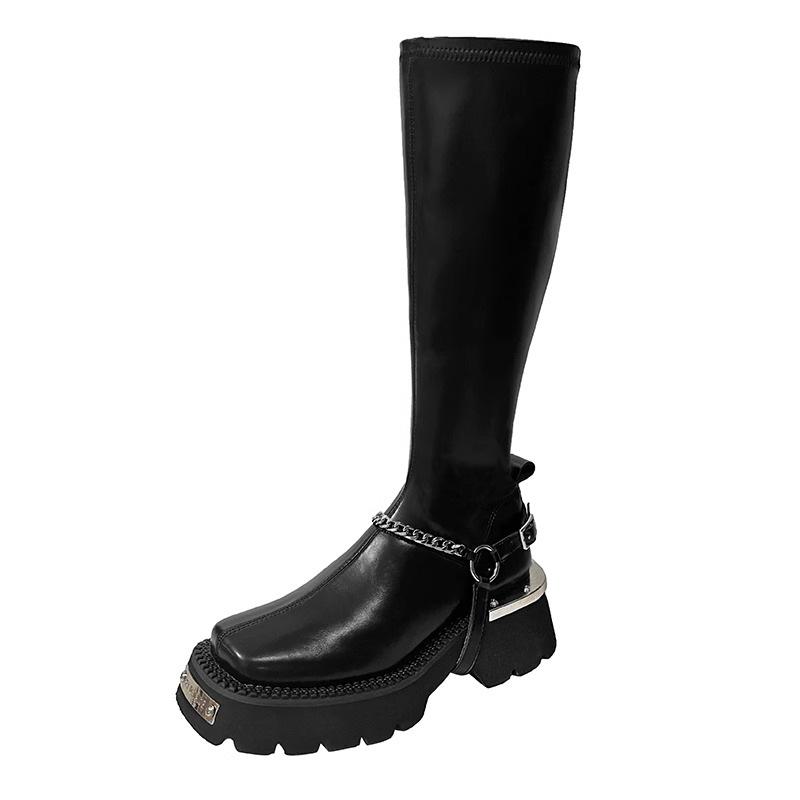 Sexy tall tube but knee thin boots women 2024 autumn and winter new thin thick heel metal square head knight boots Spice girl