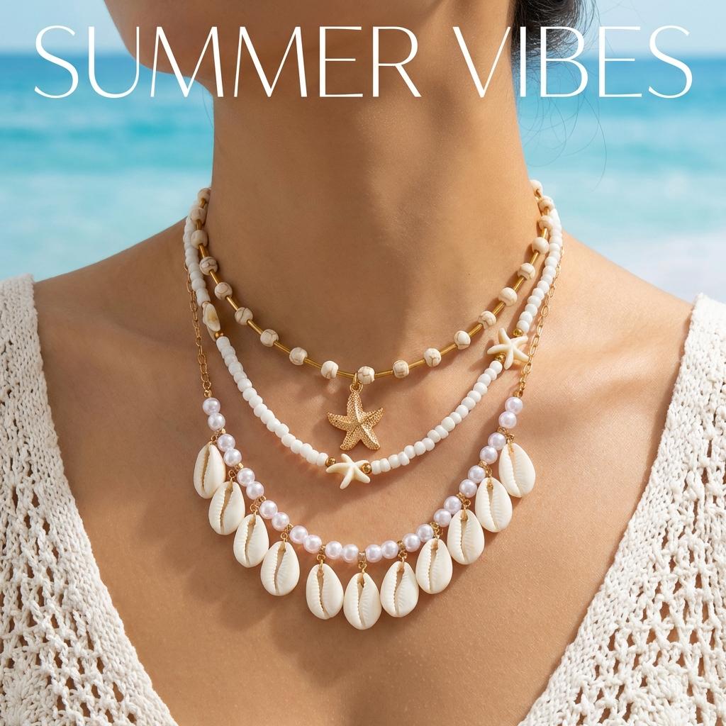 Bohemian Multilayer Starfish Shell Pendant Necklace for Women Handmade Imitation Pearl Beaded Choker Beach Party Charm Jewelry