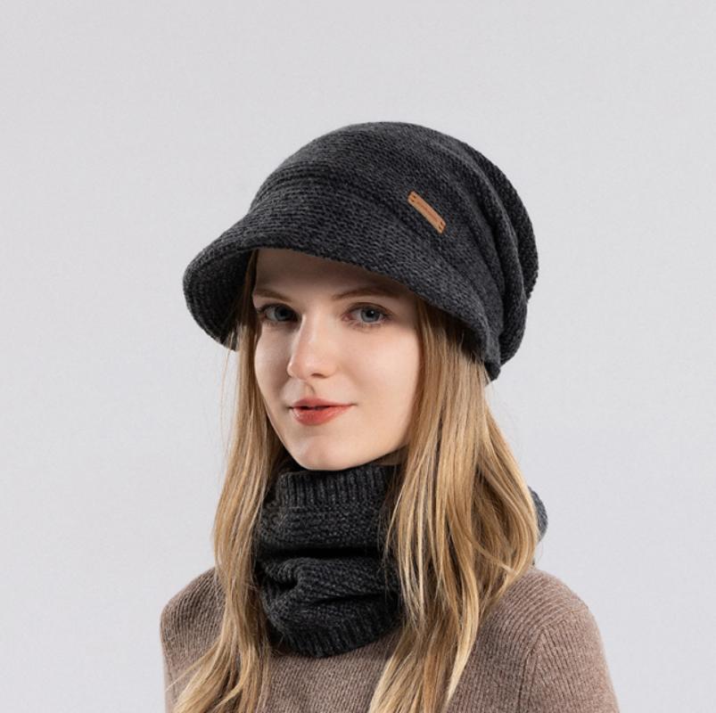 Conjunto de gorros cálidos, bufanda y gorro de invierno, gorro de punto cálido con protección contra el frío de terciopelo, conjunto de gorros de punto para mujer