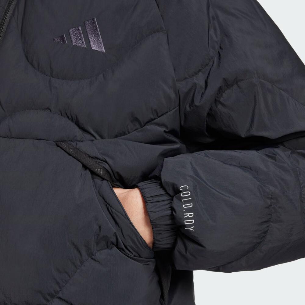 Adidas Jachetă de puf cu mâneci lungi, croială largă, culoare uni, îmbrăcăminte exterioară unisex, neagră JG5926