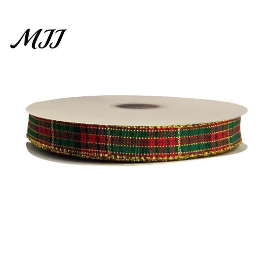 Wired Edge Ribbon for Holiday Decor Christmas Tartan Plaid with Gold Trim, Woven Fabric Ribbon, Vintage Red Crafts Green Gift Wrapping, Floral Decor,