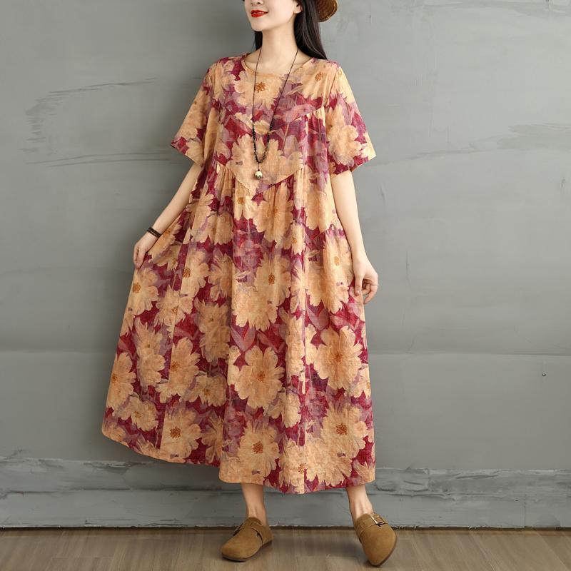 DIMANAF 2025 Summer Plus Size Dress Women Casual Shirt Dress Vintage Loose Basic Flower Printing Dress