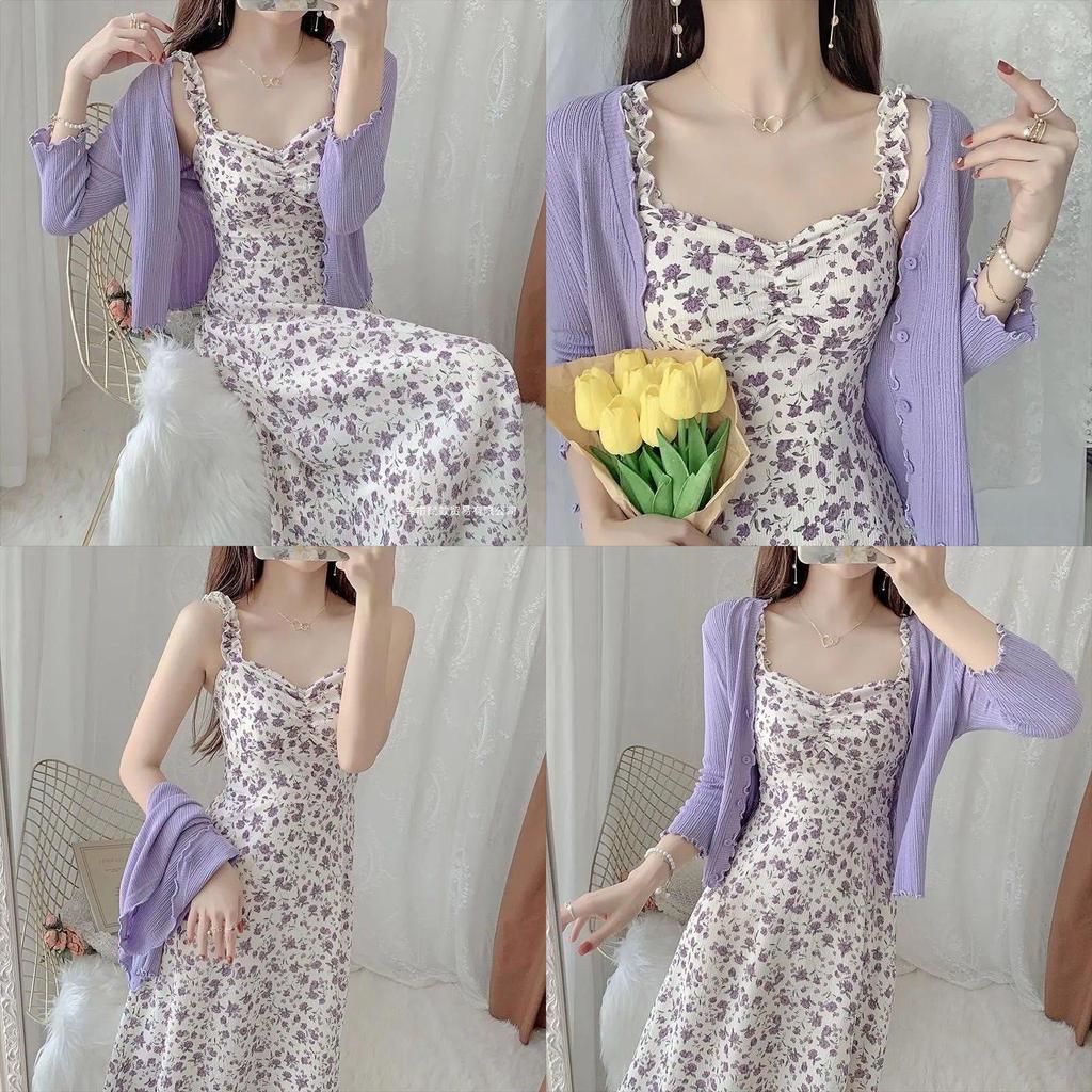 Summer Purple Dress Set With Sunproof Floral Cardigan For Women