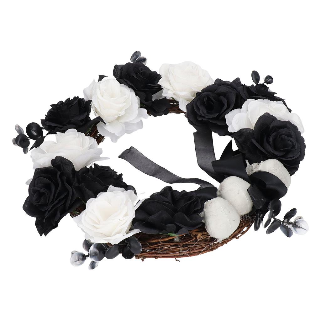 Halloween Kranz Totholz Plastikschädel Schwarz Weiße Blumen Deko Accessoire für Party Spukhaus