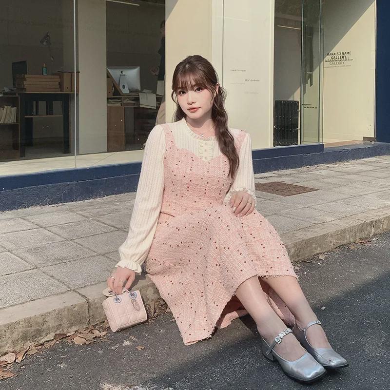 French Style High Waist Slim Qianjin Dress - Plus Size Spring Two-Piece Look