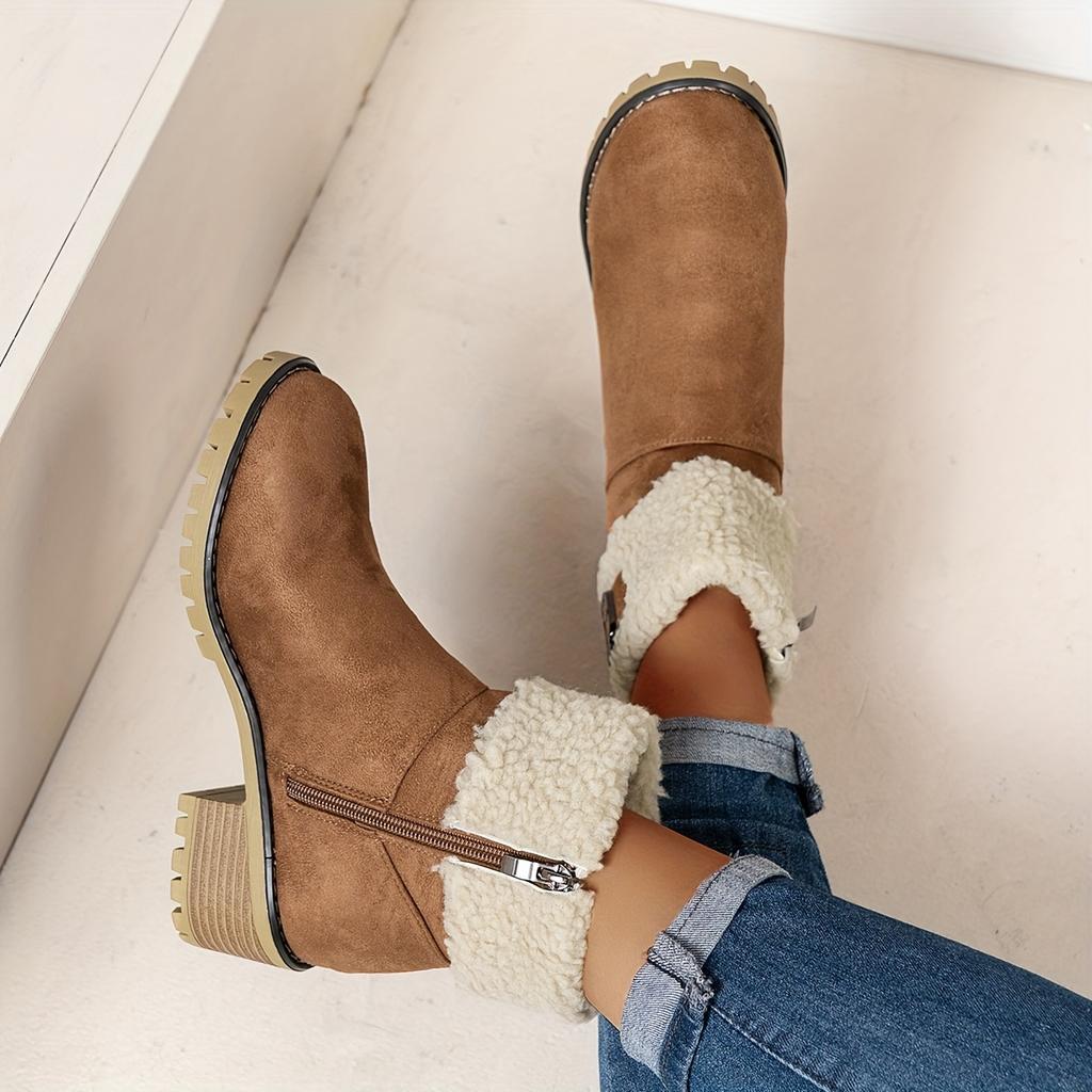 Comfortable Elegant Fleece-Lined Winter Shoes with Soft Furry Collar, Heighten Non-Slip Lightweight Round Toe Winter Boots for Commuting
