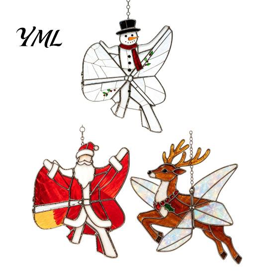 Christmas Tree Decor Snowman/Santa Claus/Deer Suncatcher, Stained Glass Style Pendant with Hanging Acrylic Chain, 2D Flat Ornament for Garden