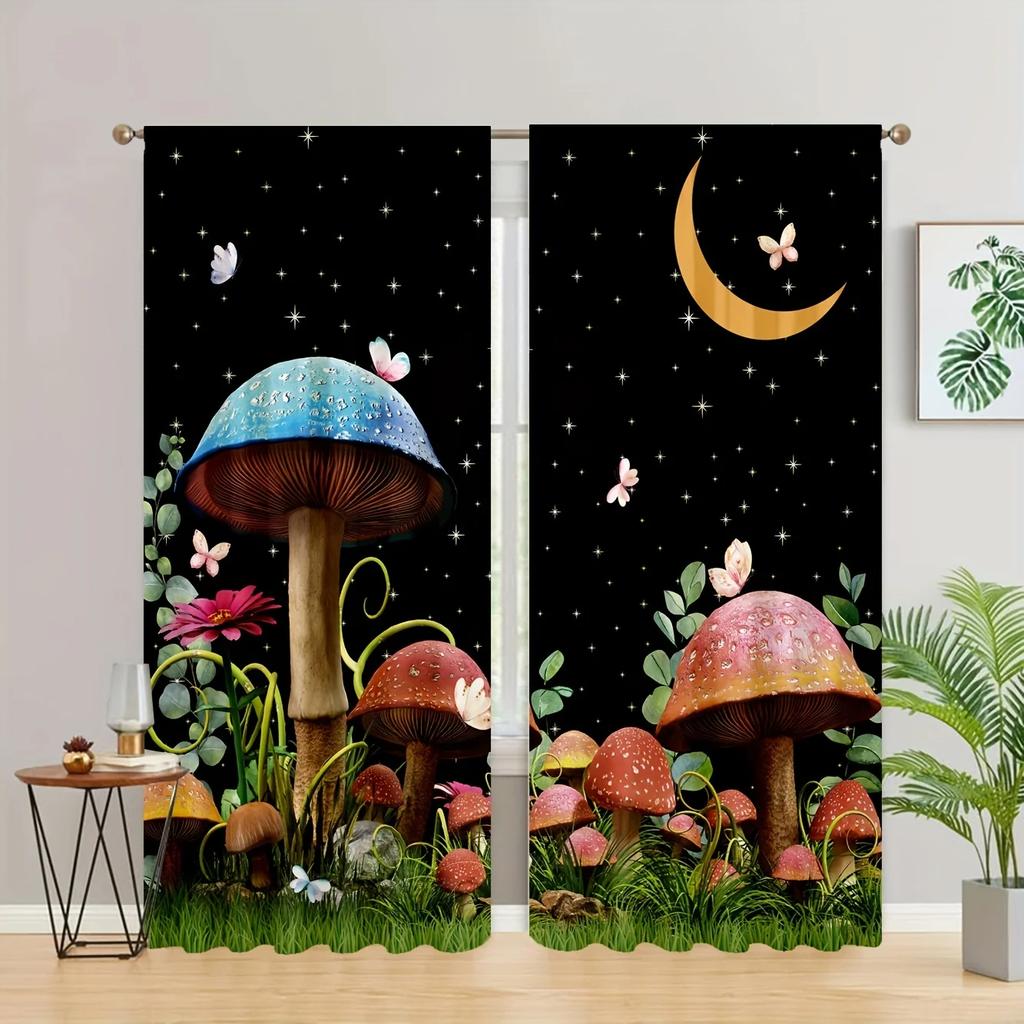 Svampmåne Tryck Höga Mörkläggningsgardiner Gardiner Svart Serie Gardiner Lämpliga för Sovrum Studierum Hem Nya Modemönster