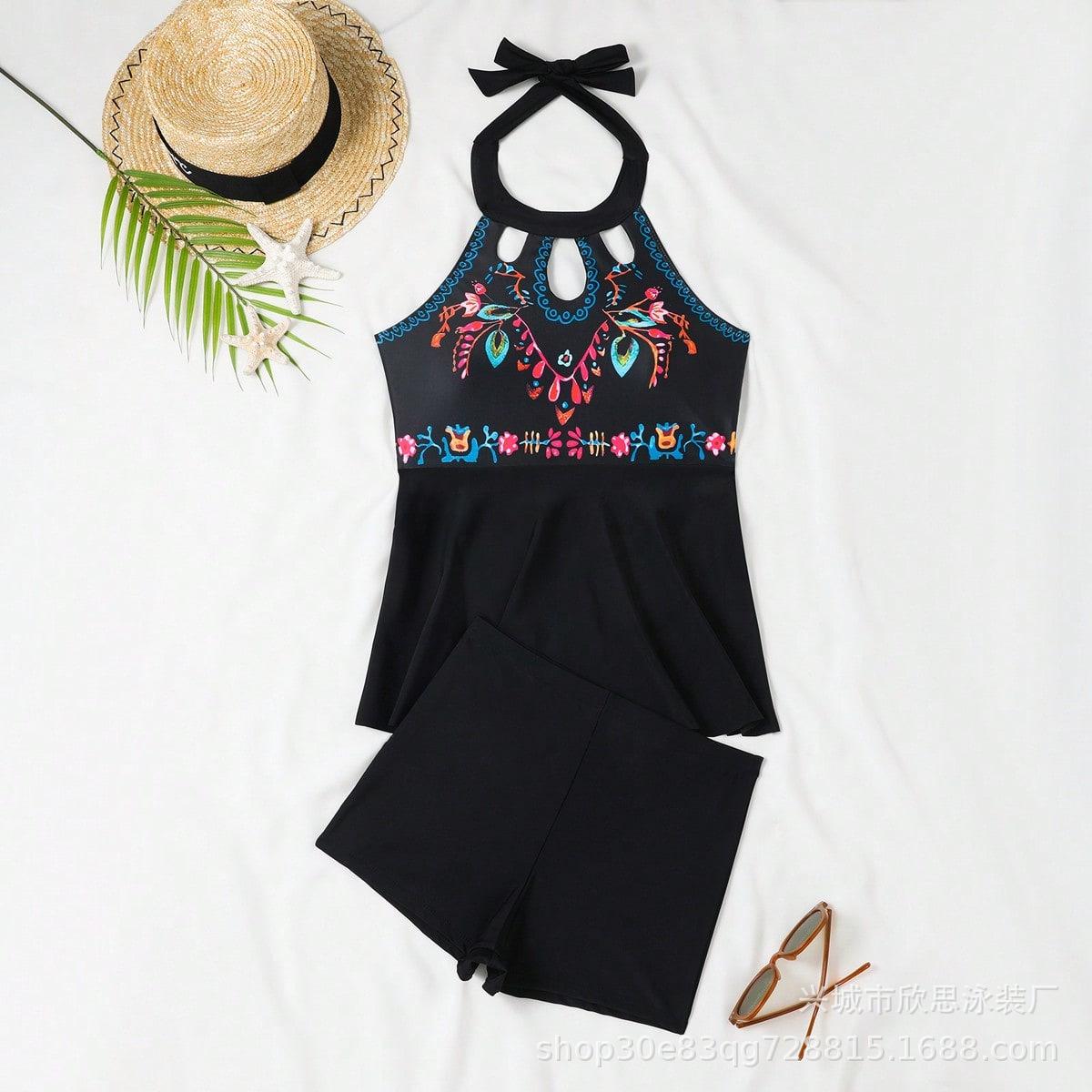 Printed tankini swimsuit tankini European and American sexy hollow split swimsuit for women S