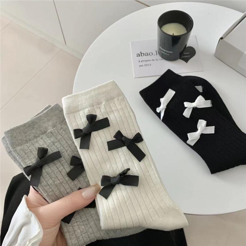 Ballet Fairy Style: Women's Spring/Summer Cotton Mid-Calf Socks - Thin, Sweat-Absorbent, Classic Bow Design In Black, White, and Grey.