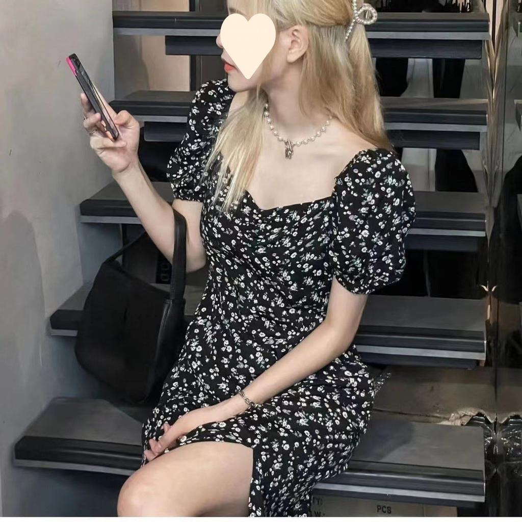 Summer square neck black floral dress with split ends and waist sexy long skirt for women