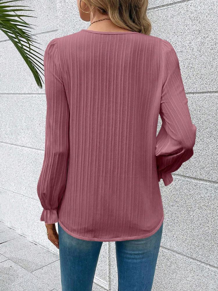 Chunqiu Women's Solid Color Long Sleeved Casual Striped V-neck Lace Top with Patchwork Hollowed Out Women's Shirt