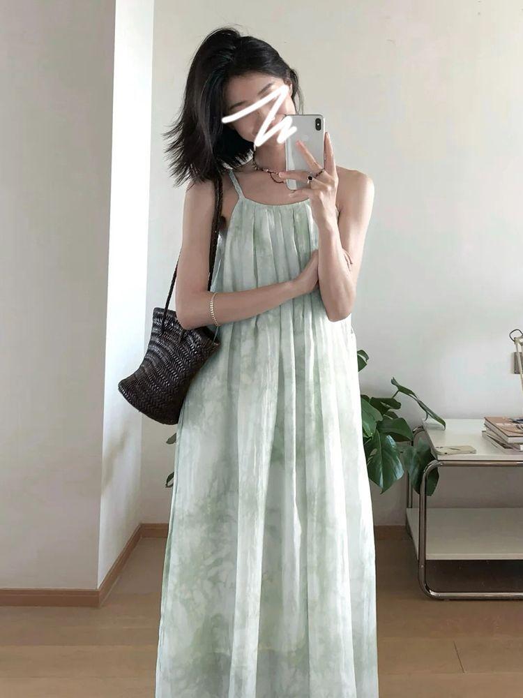 French green suspender dress children s summer new small seaside vacation temperament thin dress S