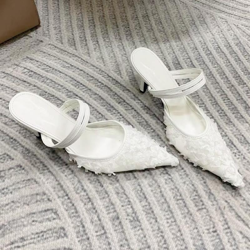 Flower Design Brand High Heel Pumps Women Sexy Pointed Toe Mesh Breathable Slippers Elegant Party Backless Dress Shoe Mule Shoes