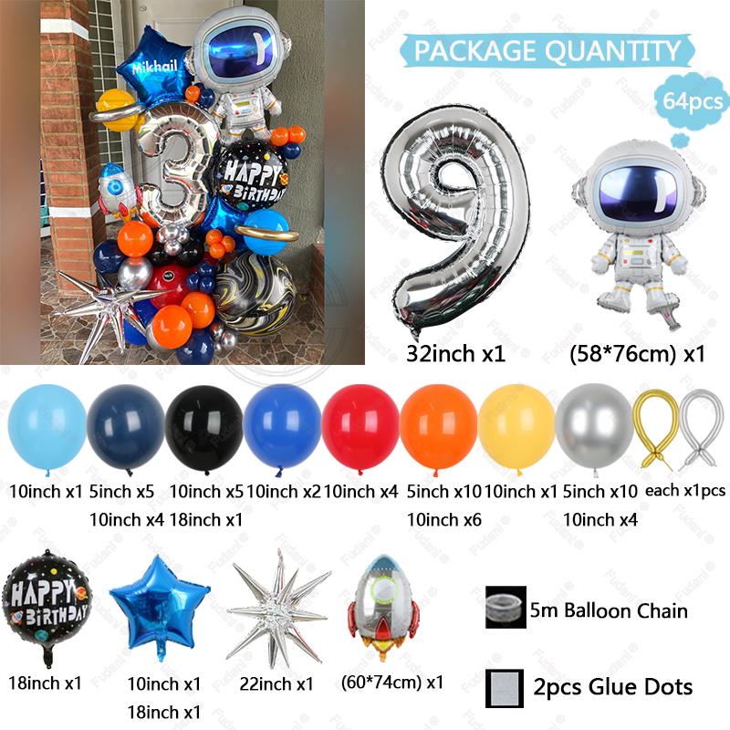 64pcs Astronaut Rocket Balloon Silver Number Birthday Balloon Set Space Theme Party Decoration Children's Party Supplies