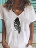 Women Feather Print T Shirt Street Casual Loose Cotton T Shirts Ladies Short Sleeve V-Neck Tee Top