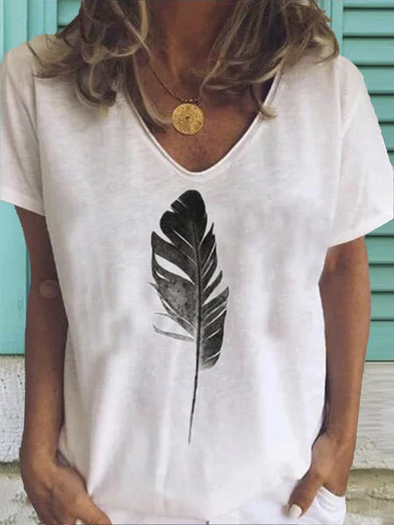 Women Feather Print T Shirt Street Casual Loose Cotton T Shirts Ladies Short Sleeve V-Neck Tee Top