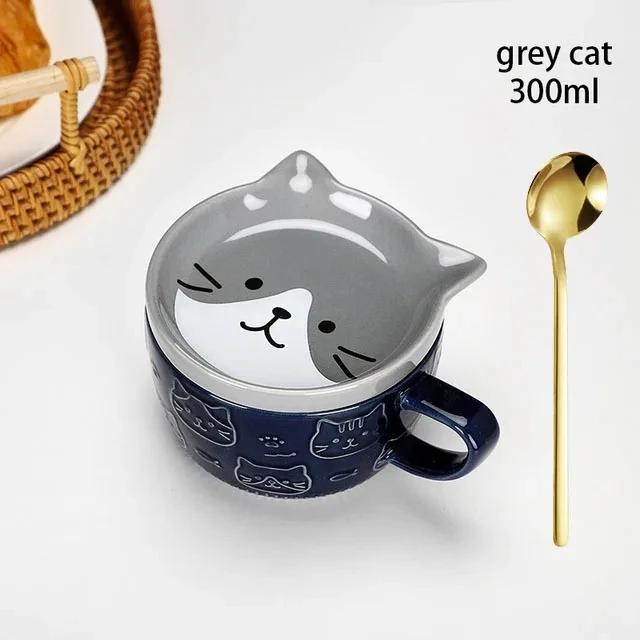 Japanese Cute Cat Shiba Inu Relief Ceramic Cartoon Cat Ceramic Creative Home Tableware Breakfast Milk Breakfast Cup Water Cups 301-400ml