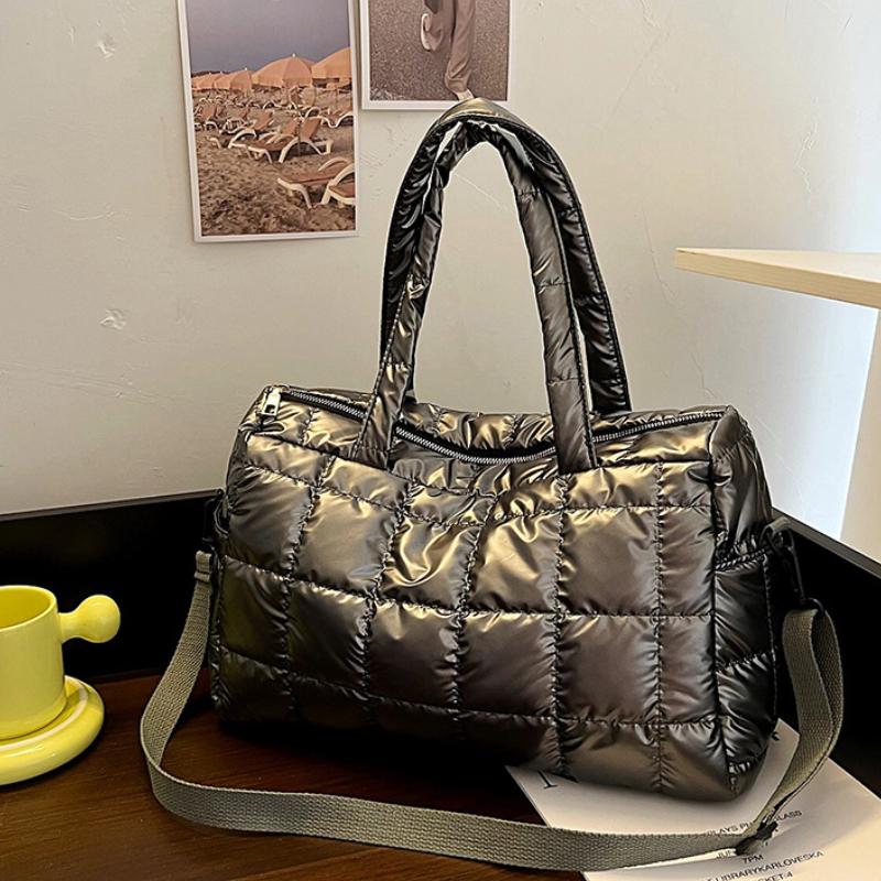 Chic Quilted Puffer Tote Bag for Women Solid Color Soft Fabric Shoulder Handbag