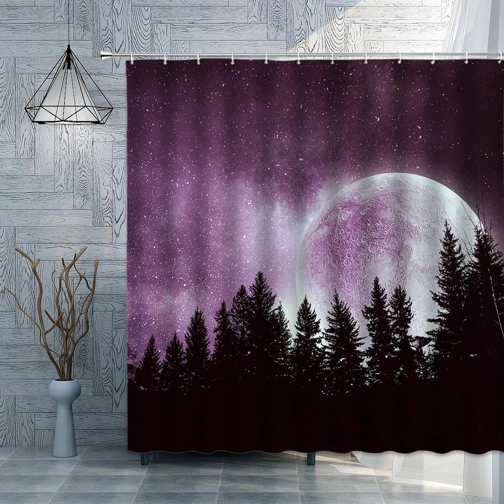 Tree Under Teal Full Moon Shower Curtain Black and Blue Foggy Forest Nature Night Sky Landscape Bath Curtain for Bathroom Decor W90XH180cm