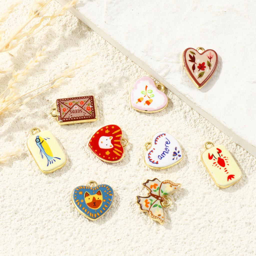 2 PCs Brass Charms Heart Rectangle Double-Sided Flower Lobster Printed 18K Gold Plated Pendants DIY Necklace Jewelry Findings