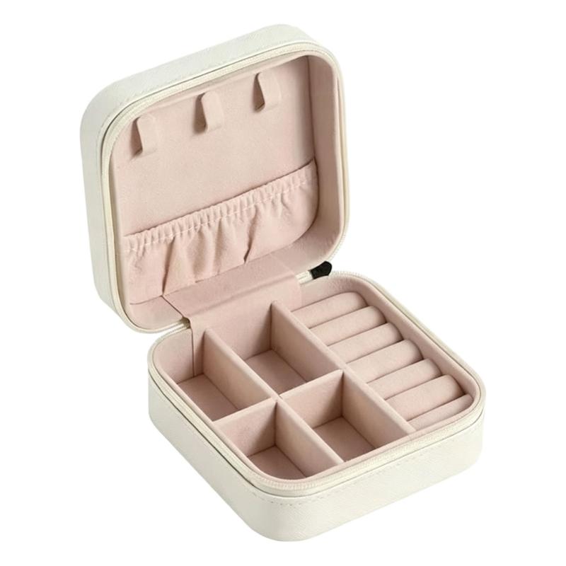 Zippered Leather-Material Jewelry Storage Case with Lid Hooks, Interior Pocket, Ring Rolls, and Removable Dividers