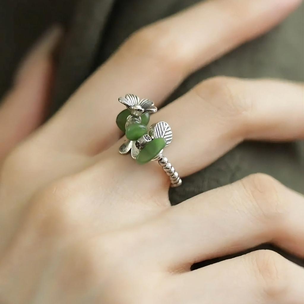 925 Sterling Silber Schmuck Vintage Natürlicher Jade Blume Fingerringe für Frauen Hochzeitsfeier Schmuck Für Mädchen Freundin Geschenk