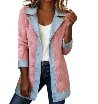 Women's Point Collar Long Sleeve Color Block Jacket Loose Fit Streetwear Denim Patchwork Blazer
