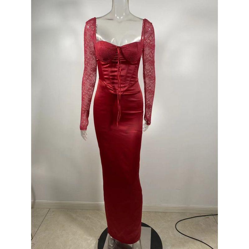 

Эльза Европейская и Американская Женская Одежда 2025 Весна Новое Поступление Сексуальный Темперамент Кружево Приталенное Лоскутное Платье с Длинными Рукавами Формальное Платье для Женщин Red XS