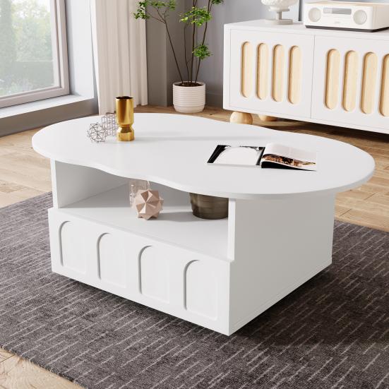 Coffee Table with Drawer Storage Compartments 2-Tiers Rounded Corner Smooth Surface Easy Assembly Cloud Shaped Coffee Table Home