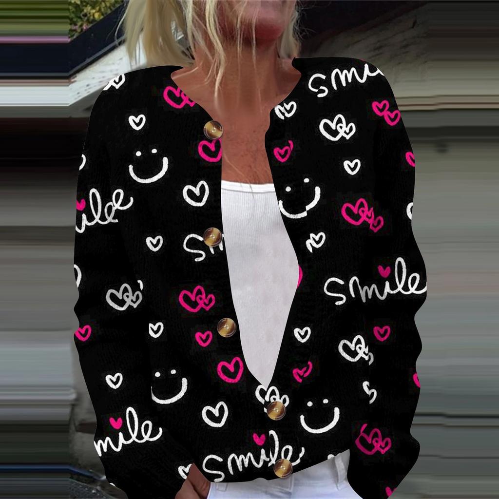 Women's Fashion Printed Valentine's Day Long Sleeved Knitted Cardigan Button Down Jacket