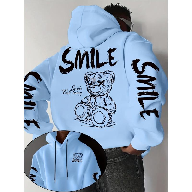 European and American Men's Autumn Fashion Letter Teddy Bear Print Soft and Comfortable Hooded Sweatshirt Outdoor Street Top